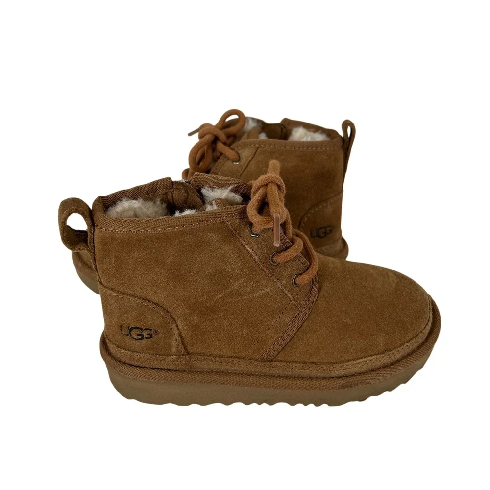UGG Neumel II Chestnut Suede Shearling Lined Lace Up Zip Boots Kids Size 11